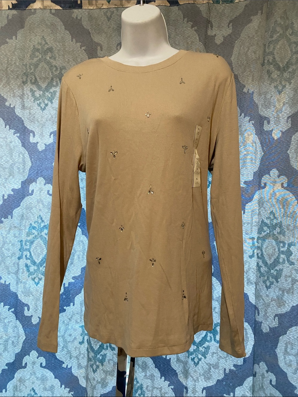 a new day Tan Long Sleeve Embellished Crewneck Tee